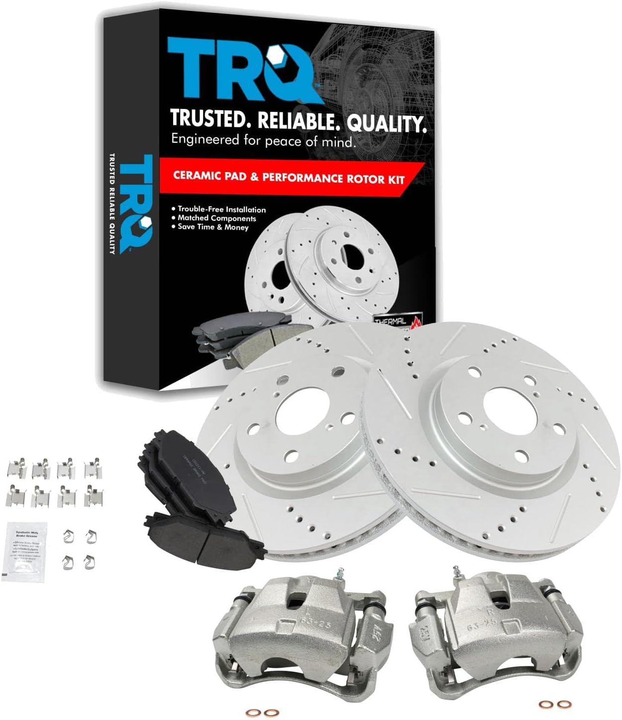 TRQ Performance Front Brake Pad and Rotor Set Ceramic Vented Coated Rotors Calipers Compatible with 2006-2012 Toyota RAV4