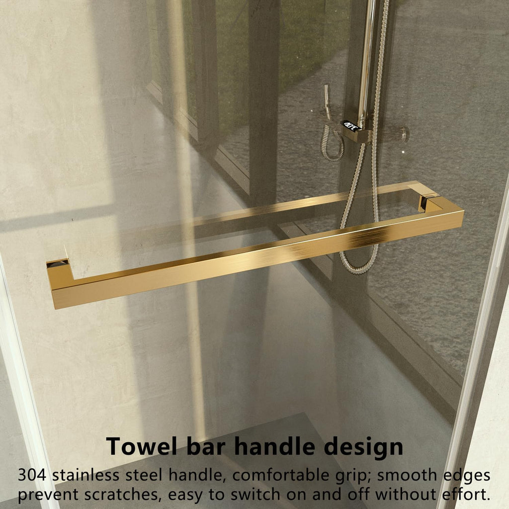 Frameless Shower Door, 50'-54' Wide, 76' high, 3/8' (10mm) Clear Tempered Glass with Towel bar, Double Sliding Door, Brushed Gold Finish DS01