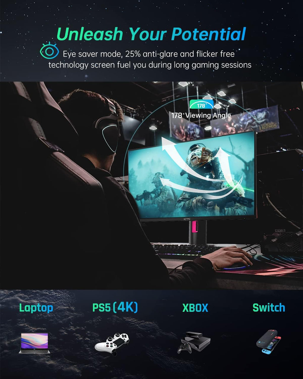 KTC 27' 1440p 170Hz Gaming Monitor, 2K QHD 1ms GTG Fast IPS, HDR, HDMI/USB C/DP, FreeSync & G-Sync, Swivel Tilt Height Pivot Adjustable, H27T22 (Renewed)