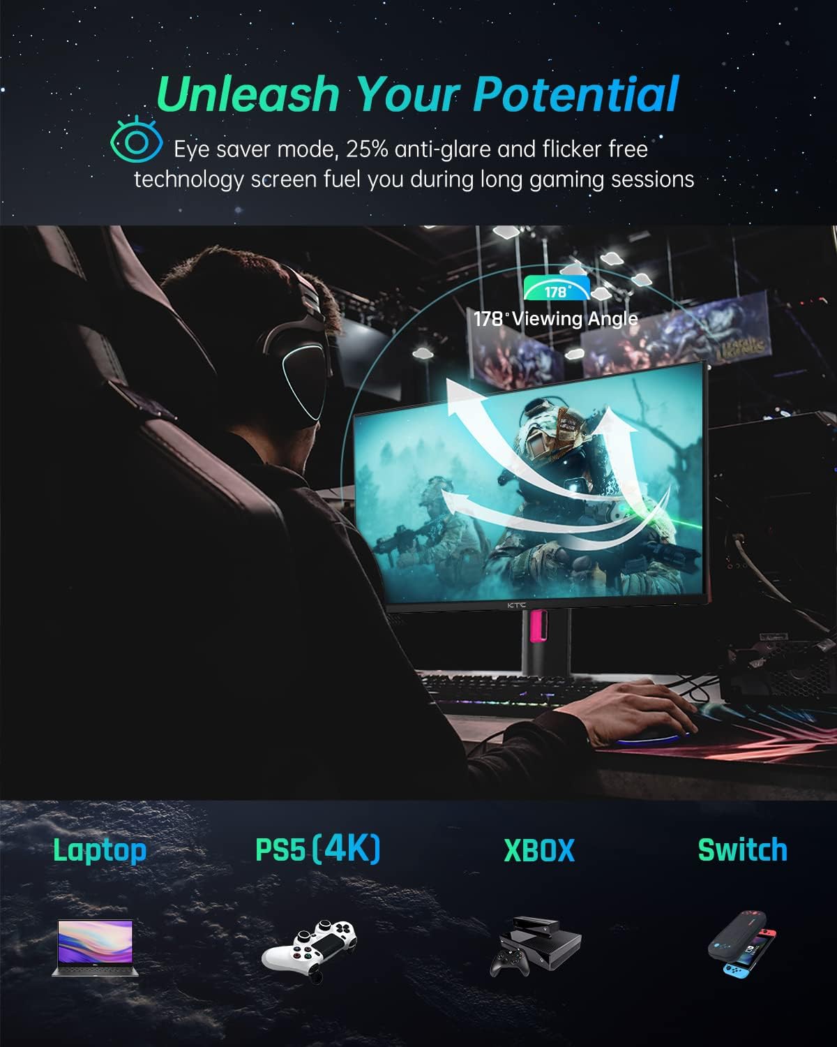KTC 27' 1440p 170Hz Gaming Monitor, 2K QHD 1ms GTG Fast IPS, HDR, HDMI/USB C/DP, FreeSync & G-Sync, Swivel Tilt Height Pivot Adjustable, H27T22 (Renewed)