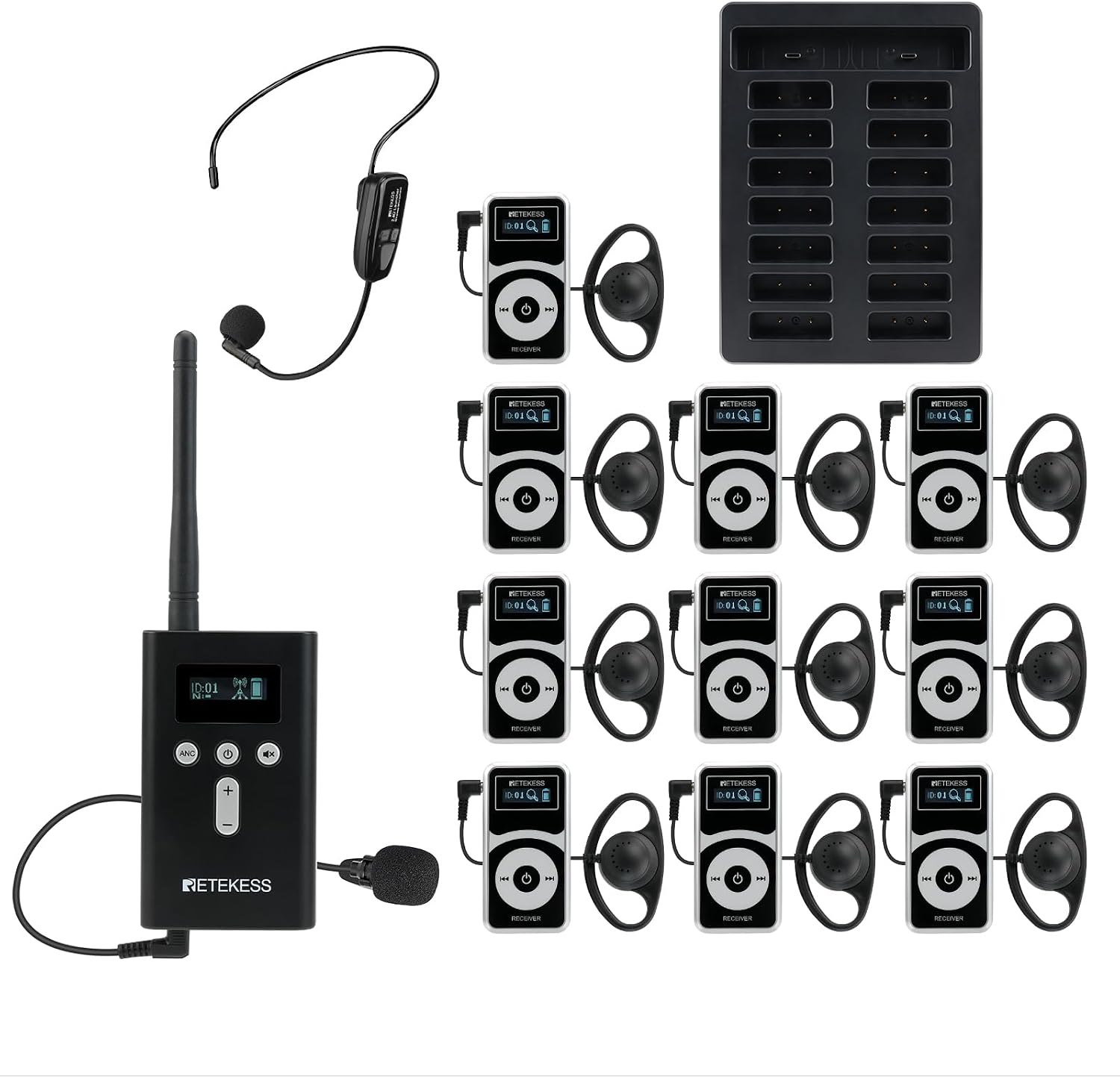 Retekess T130P Tour Guide System,Upgraded Noise Reduction,Wireless Tour Guide Headsets,Long Standby 36h Translation Device for Church,Factory (1 Transmitter 10 Receivers)