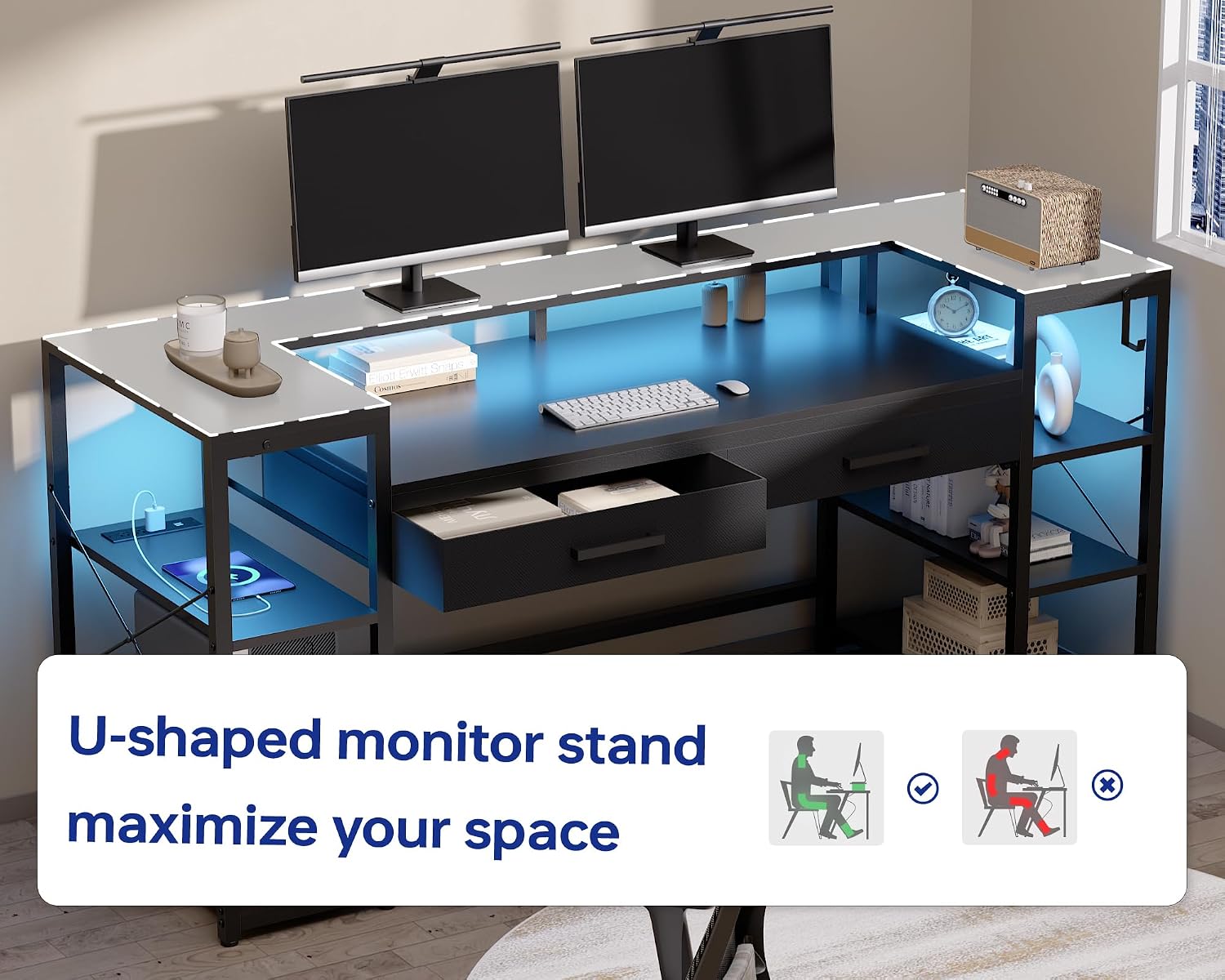 Pamray 58 Inch Computer Desk with Monitor Stand and Shelves Gaming Desk with LED Lights & Power Outlets PC Vanity Table with 2 Drawers for Home Office Grey