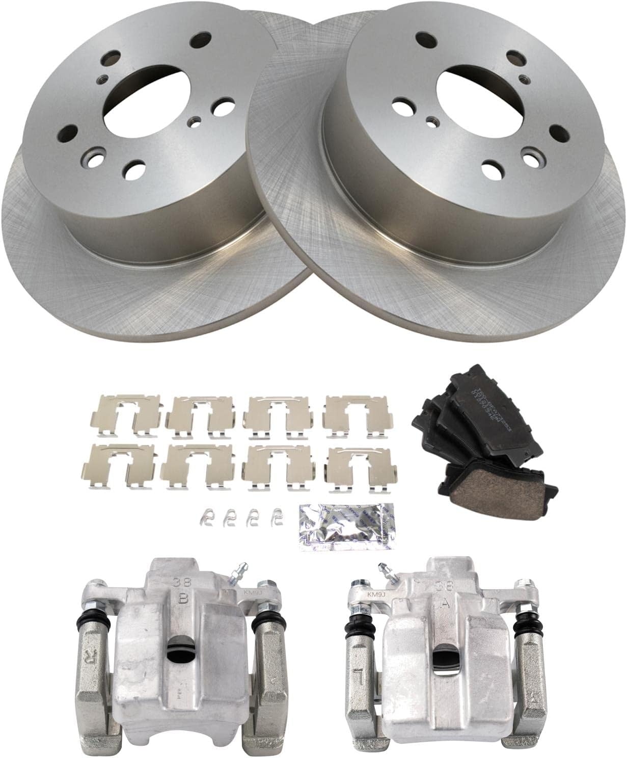 TRQ Rear Brake Pad and Rotor Set Ceramic Solid Rotors Calipers Compatible with 2012-2017 Toyota Camry 2013-2015 Avalon