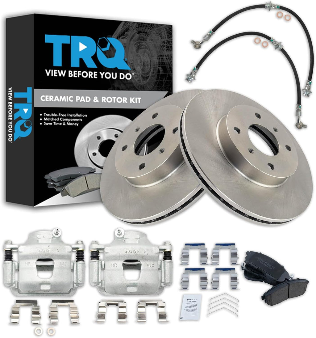 TRQ Front Brake Pad and Rotor Set Ceramic Vented Rotors Calipers Hoses Compatible with 2002 Nissan Sentra SE-R 2003-2006 Sentra SE-R