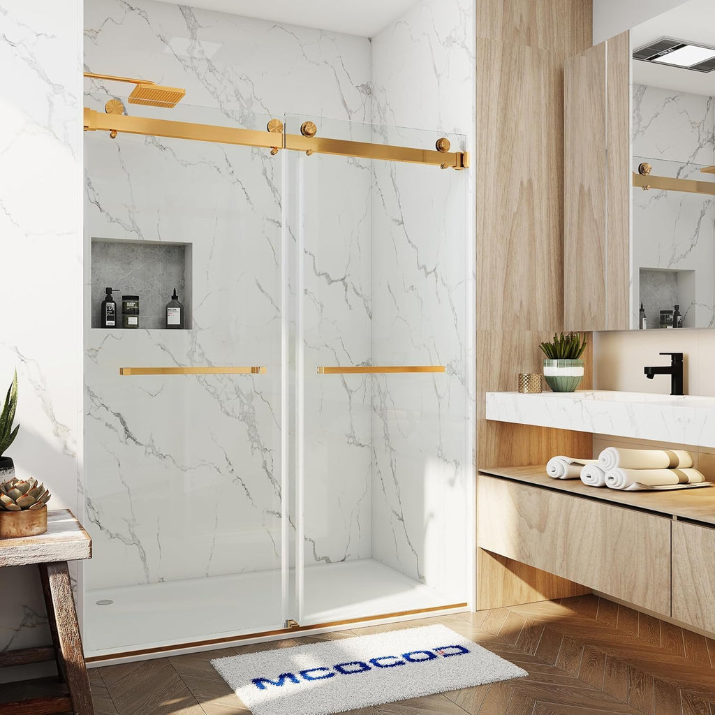 Frameless Sliding Shower Door 46'-49' W x 76' H, Brushed Gold | 3/8' Tempered Glass, Double Sliding Design, 1/4' Wall Adjustment, Double-Sided Easy-Clean Glass, Stainless Steel Hardware