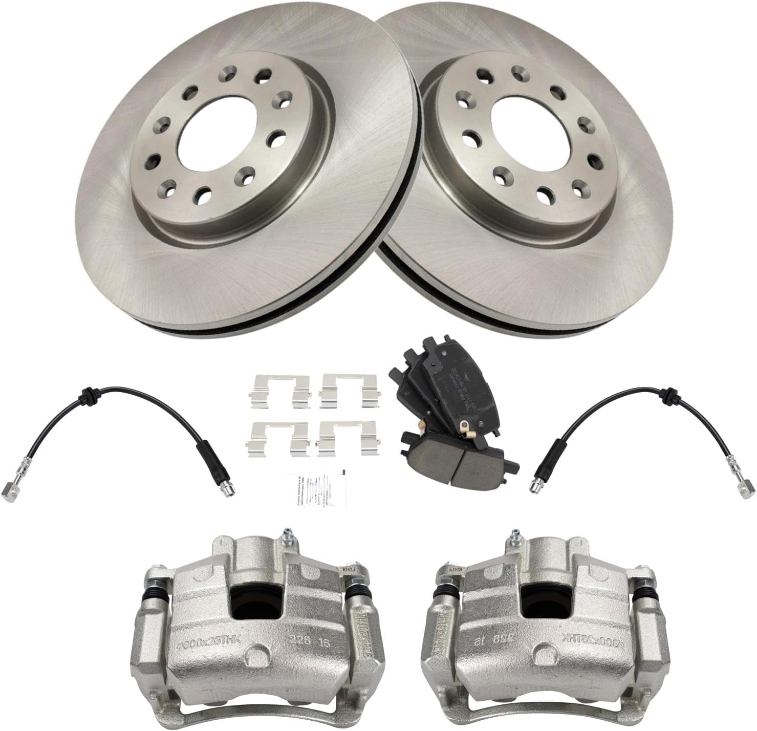 TRQ Front Brake Pad and Rotor Set Ceramic Rotors Calipers Hoses Compatible with 2016 Chevrolet Malibu
