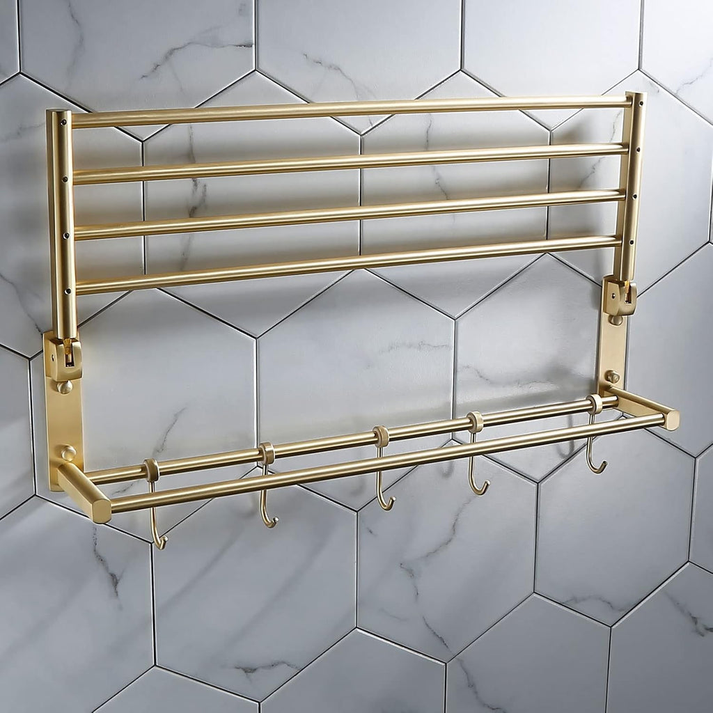 Bathroom Shelves All Copper Brushed Gold Towel Rack Bar Rail, Simple and Light Luxury Bath Towel Rack, Bathroom Bathroom Rack, Hardware Pendant Set (Color : Folding Bathrobe)
