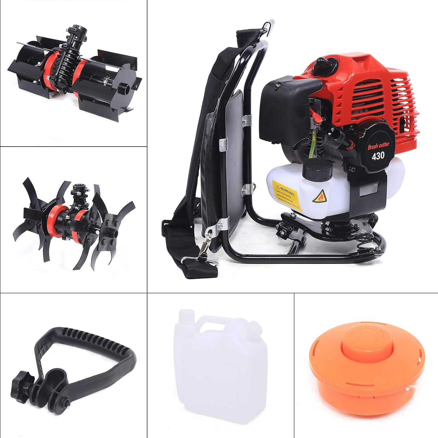 43CC 2-Stroke Grass Trimmer, 1250W 3 in 1 Brush Cutter Gas Powered Backpack Garden Rototiller Lawn Mower for Yard Farmland Weeding, Scarifying and Cutting 3200RPM