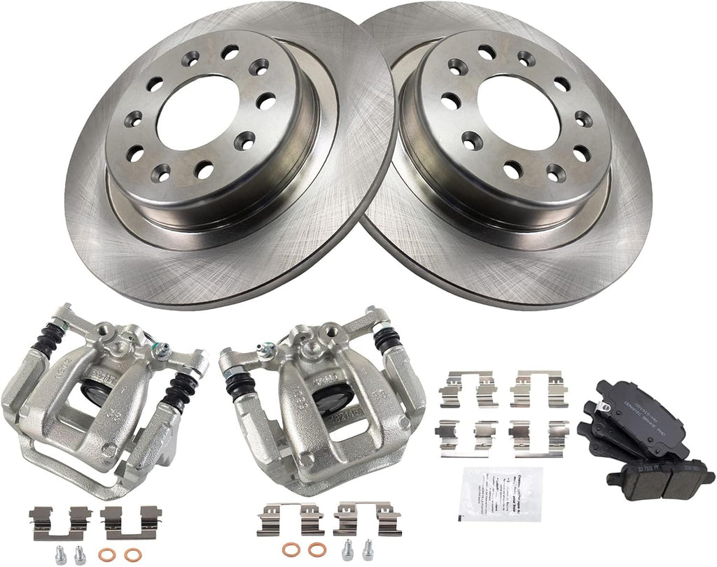 TRQ Rear Brake Pad and Rotor Set Ceramic Solid Rotors Calipers Compatible with 2017-2019 Buick LaCrosse 2016-2018 Chevrolet Malibu 2018-2019 Equinox GMC Terrain