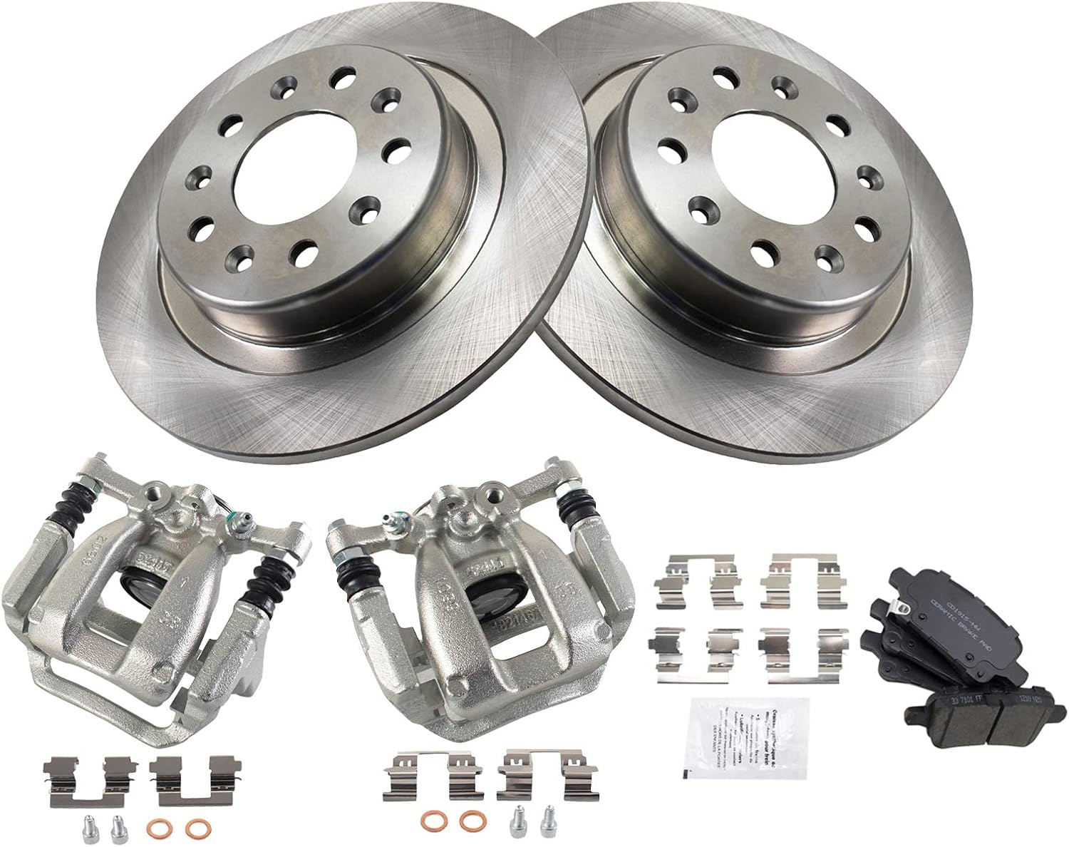 TRQ Rear Brake Pad and Rotor Set Ceramic Solid Rotors Calipers Compatible with 2017-2019 Buick LaCrosse 2016-2018 Chevrolet Malibu 2018-2019 Equinox GMC Terrain