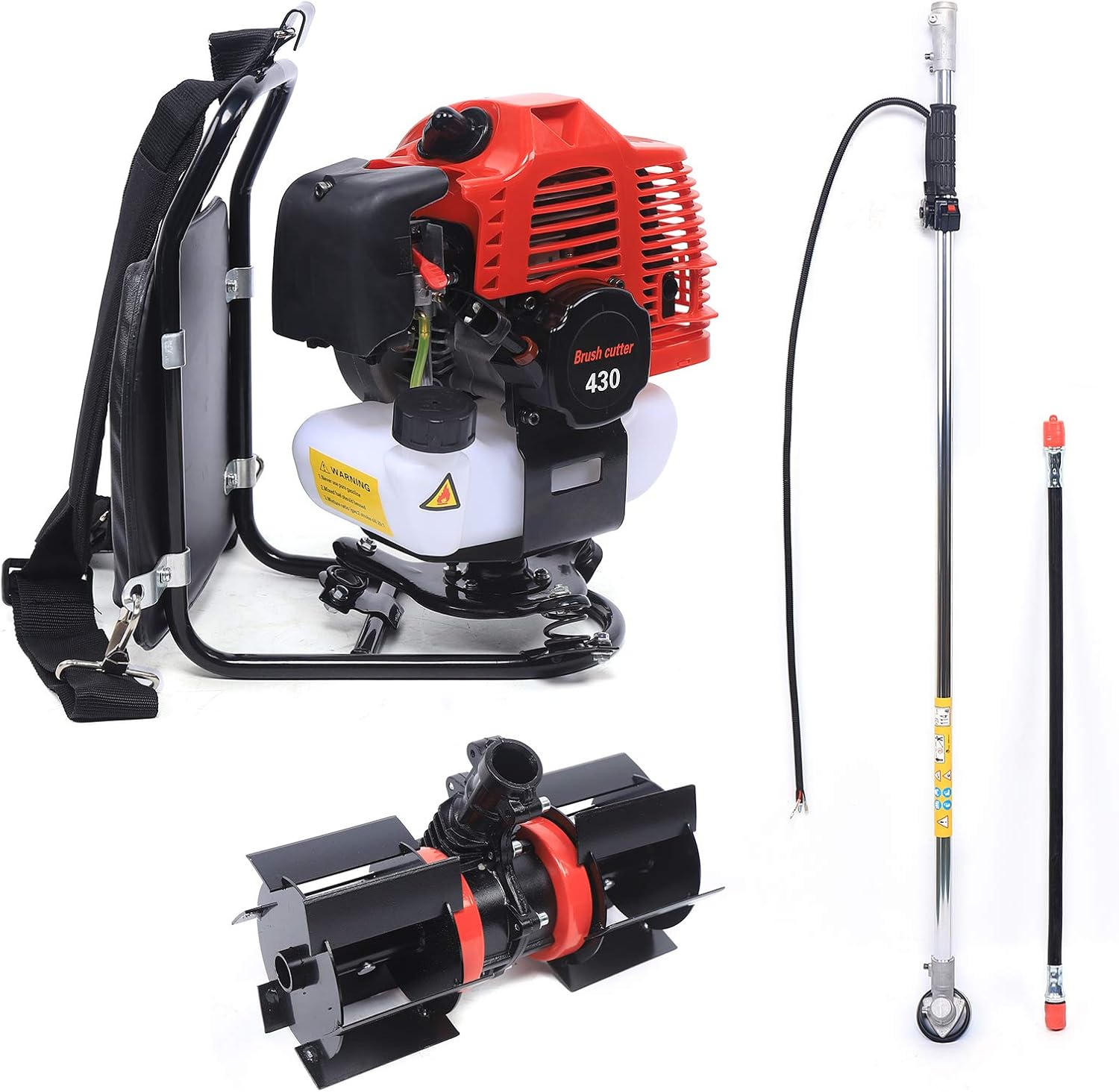43CC 2-Stroke Grass Trimmer, 1250W 3 in 1 Brush Cutter Gas Powered Backpack Garden Rototiller Lawn Mower for Yard Farmland Weeding, Scarifying and Cutting 3200RPM