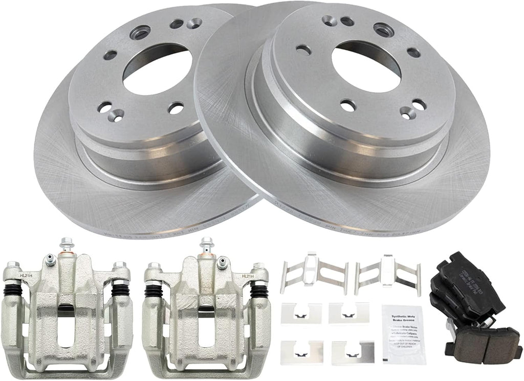 TRQ Rear Brake Pad and Rotor Set Ceramic Solid Rotors Calipers Compatible with 1999-2003 Acura TL