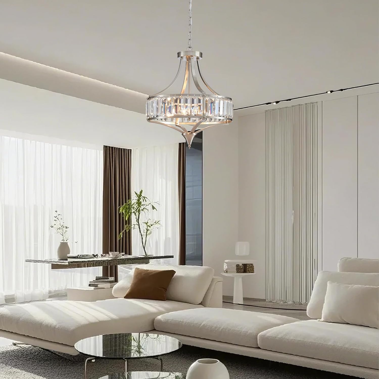 Crystal Chandeliers for Dining Room Rustic Farmhouse Pendant Round 4-Light Brushed Nickel Lighting Fixture for Dining Room Kitchen Island Hallway Bedroom Home Office