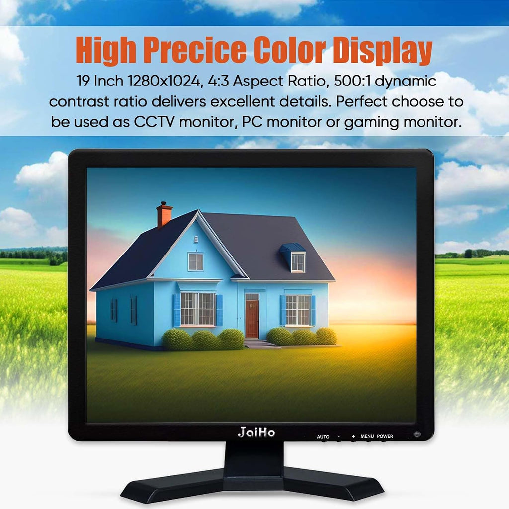 JaiHo 19-Inch 4:3 Security Monitor, No Image Stretching Screen for CCTV NVR, 1280x1024 Professional Industrial Display with Metal Housing, BNC HDMI VGA AV USB, Built-in Speakers & VESA Mount