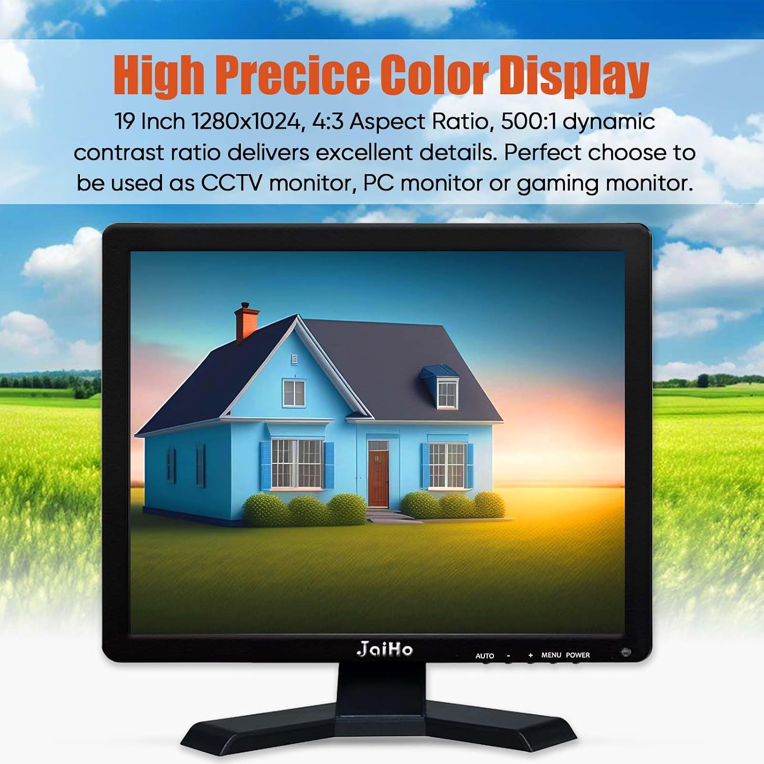 JaiHo 19-Inch 4:3 Security Monitor, No Image Stretching Screen for CCTV NVR, 1280x1024 Professional Industrial Display with Metal Housing, BNC HDMI VGA AV USB, Built-in Speakers & VESA Mount