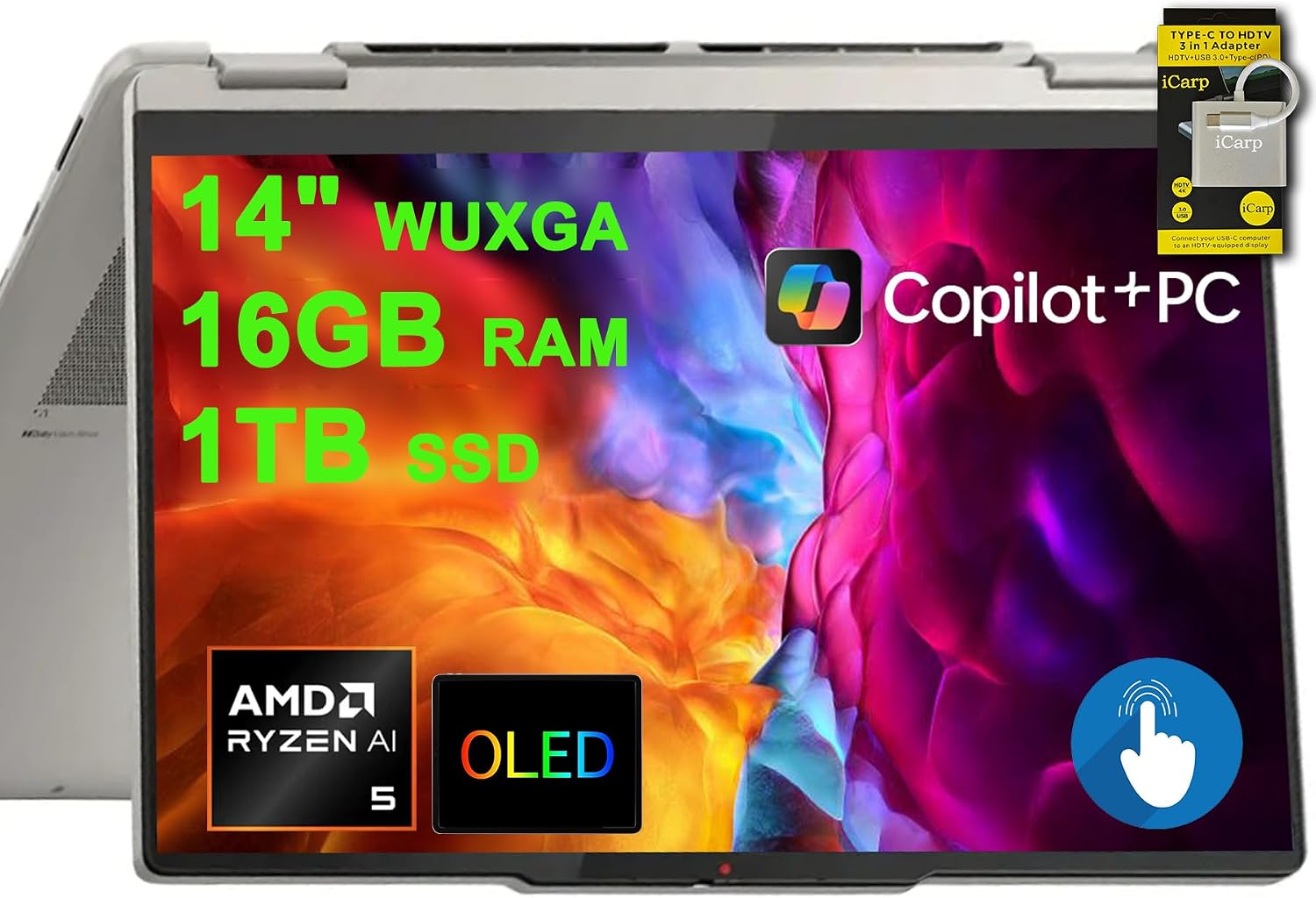 Lenovo Yoga 7 2-in-1 Laptop 14' WUXGA OLED Touch (100% DCI-P3, 600nits HDR) AMD 6-core Ryzen AI 5 340 (Up to 50 Tops) 16GB RAM 1TB SSD for Creator Business Professional Win11 ICP Hub w/Copilot AI