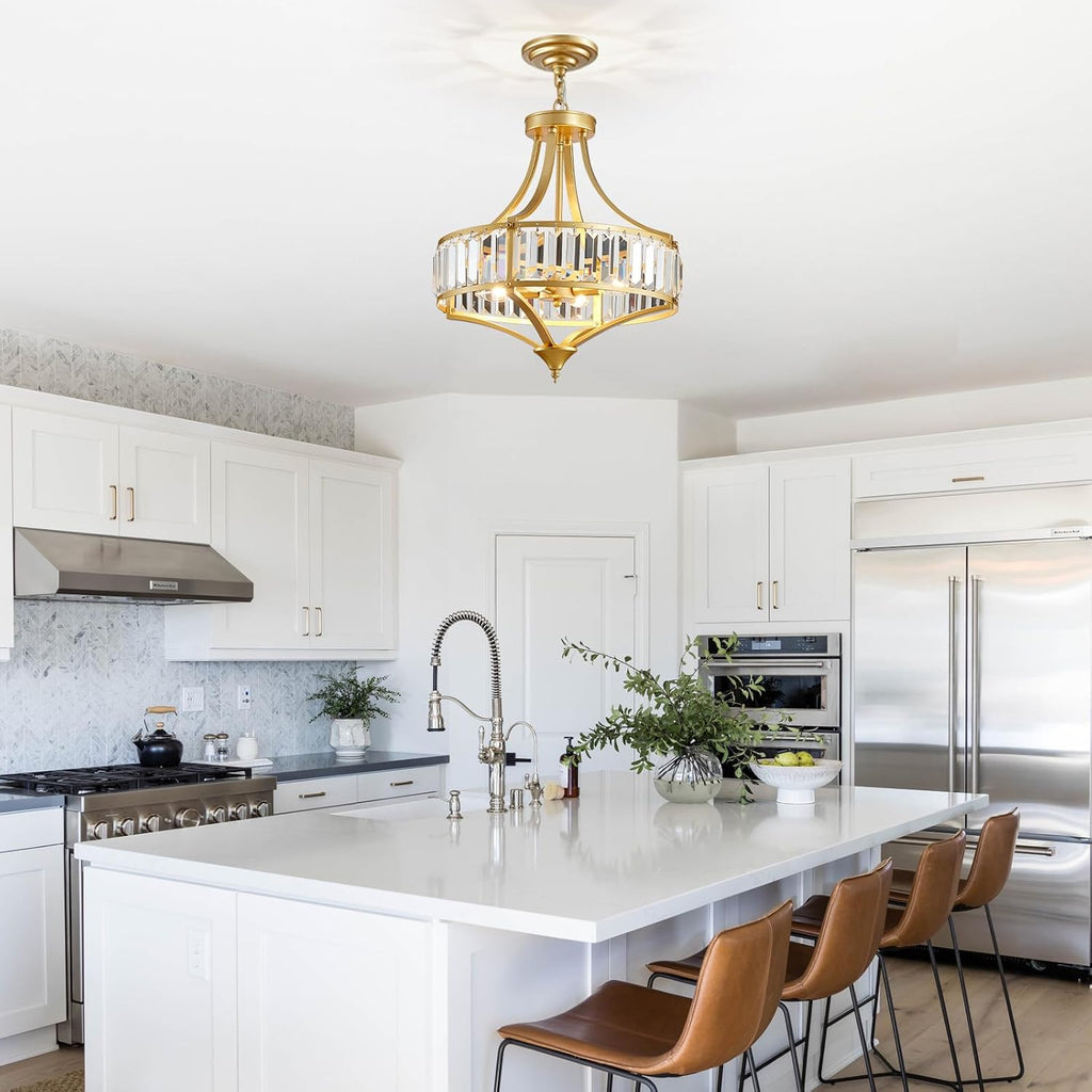 Gold Chandeliers for Dining Room Modern Round Crystal 4 Lights Rustic Pendant Lighting Fixture with Metal Lampshade for Living Room Hallway Bedroom Foyer