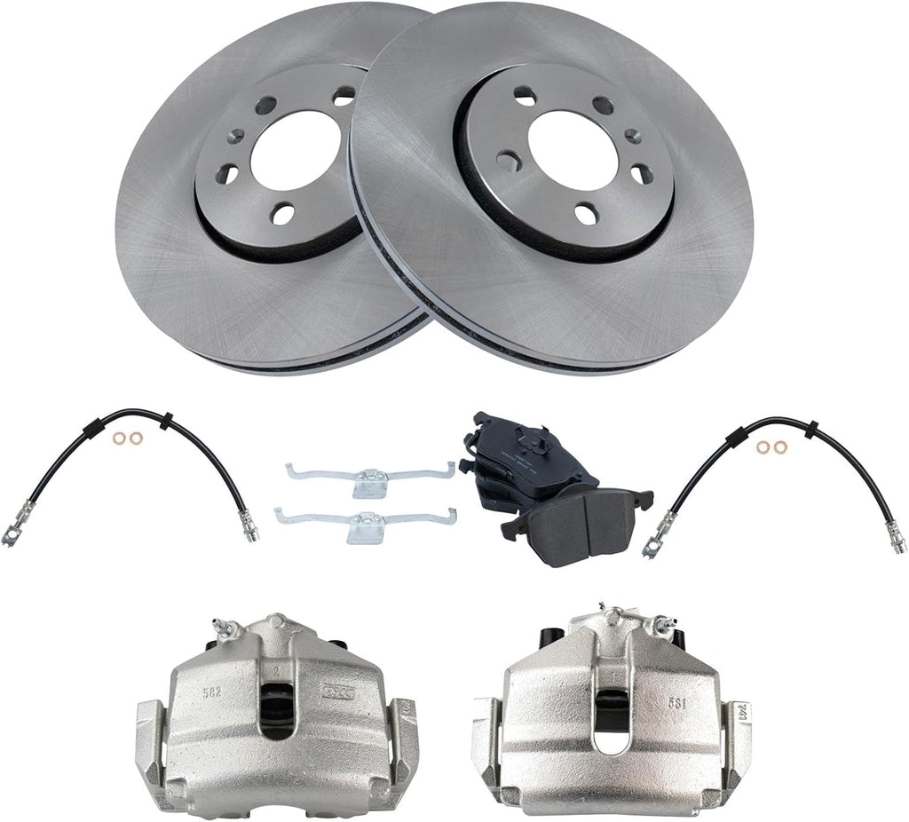 TRQ Front Brake Pad and Rotor Set Ceramic Rotors Calipers Hoses Wear Sensor Compatible with 2005 Volkswagen Jetta