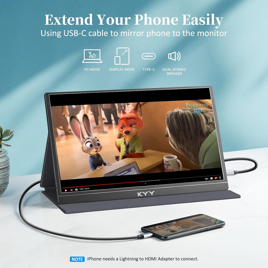 KYY Portable Monitor 15.6inch FHD 1080P USB-C Laptop HDMI Gaming Monitor w/Premium Smart Cover & Dual Speakers, External HDR Computer Display for PC MAC Phone Xbox PS4 Switch