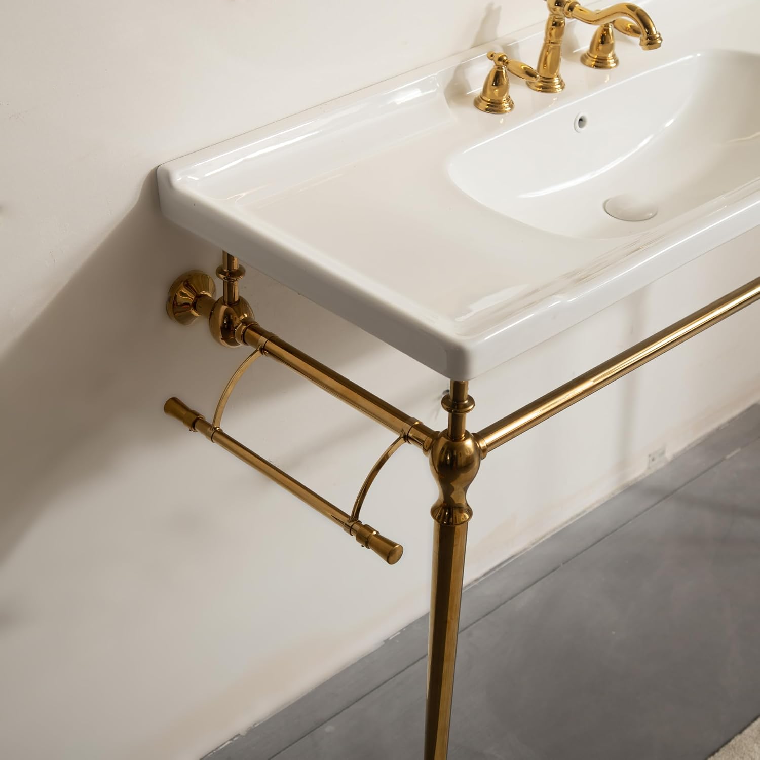 48' Console Bathroom Sink, Freestanding Console Sink With Stainless Brushed Gold Legs, Modern Bathroom Vanity with 3 Tap Holes, White Ceramic Basin