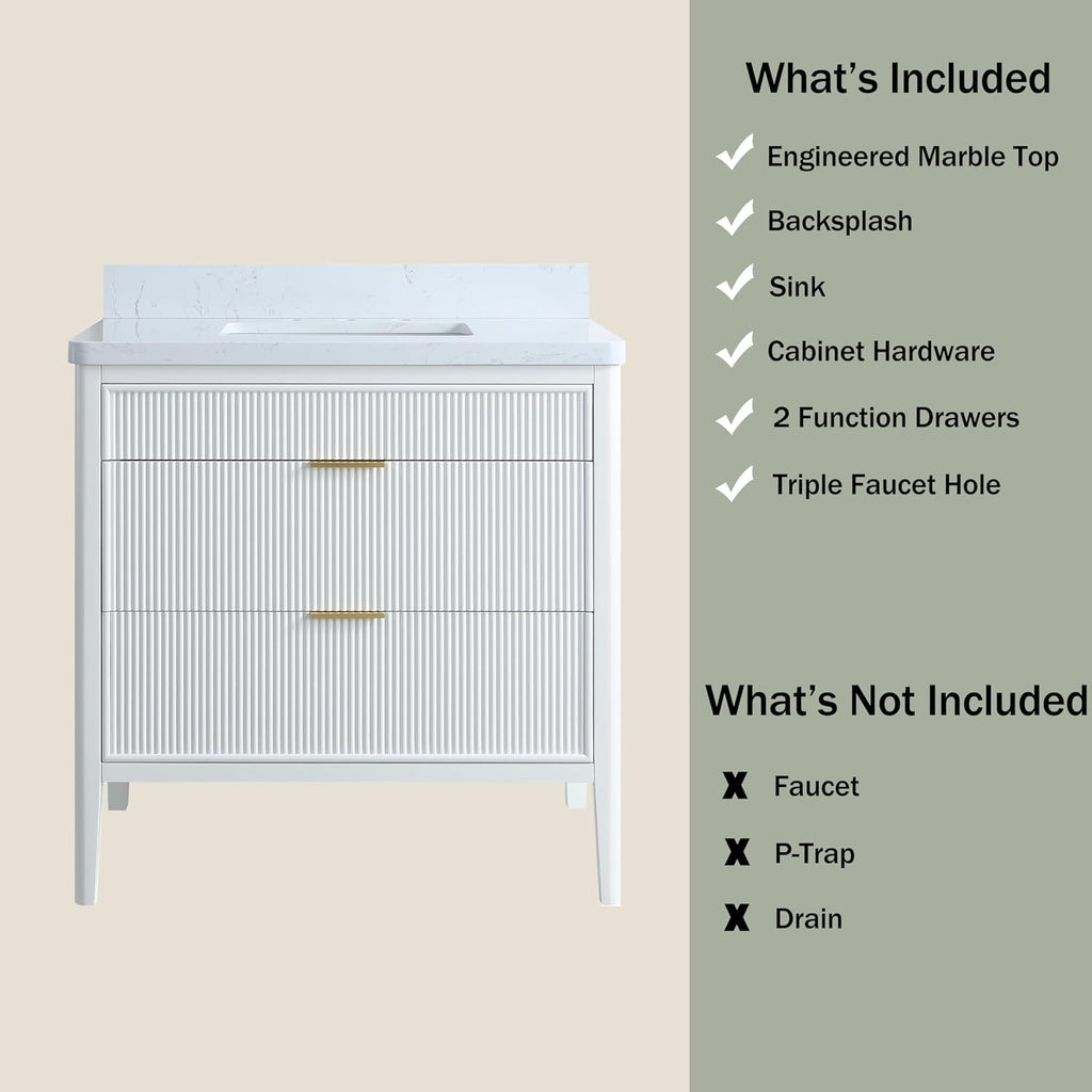 36-Inch Fully Assembled Freestanding Single Sink Bathroom Vanity, 2 Handle Sets (Silver/Gold), Engineered Carrara Marble Top & Solid Rubber Wood, White