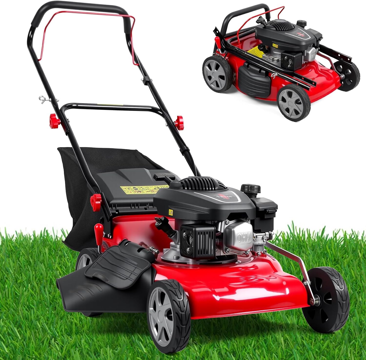20 Inch Self Propelled Gas Lawn Mower | 131cc Gas Engine | 3 in 1 Functions/Bagging, Mulching, Side Discharge | Self-Propelled Rear Wheel System | 50L Grass Tank | Lightweight Design | Big Wheels Red