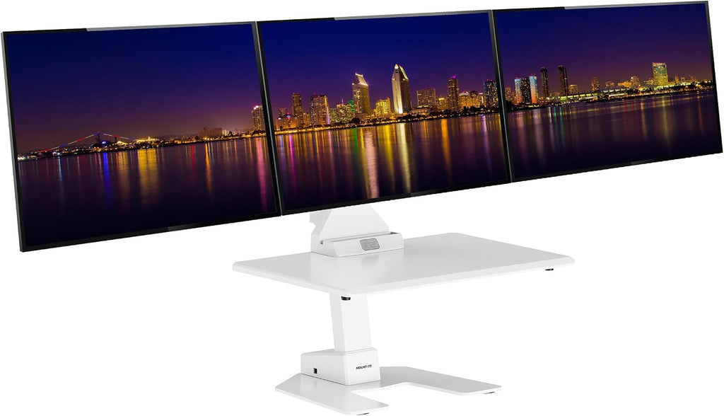 Mount-It! Triple Monitor Electric Standing Desk Converter - 3 Monitor Standing Desk is Height Adjustable, Sit-Stand Converting Desk for Home, Office Monitor Mounts Fits Screens up to 32' White