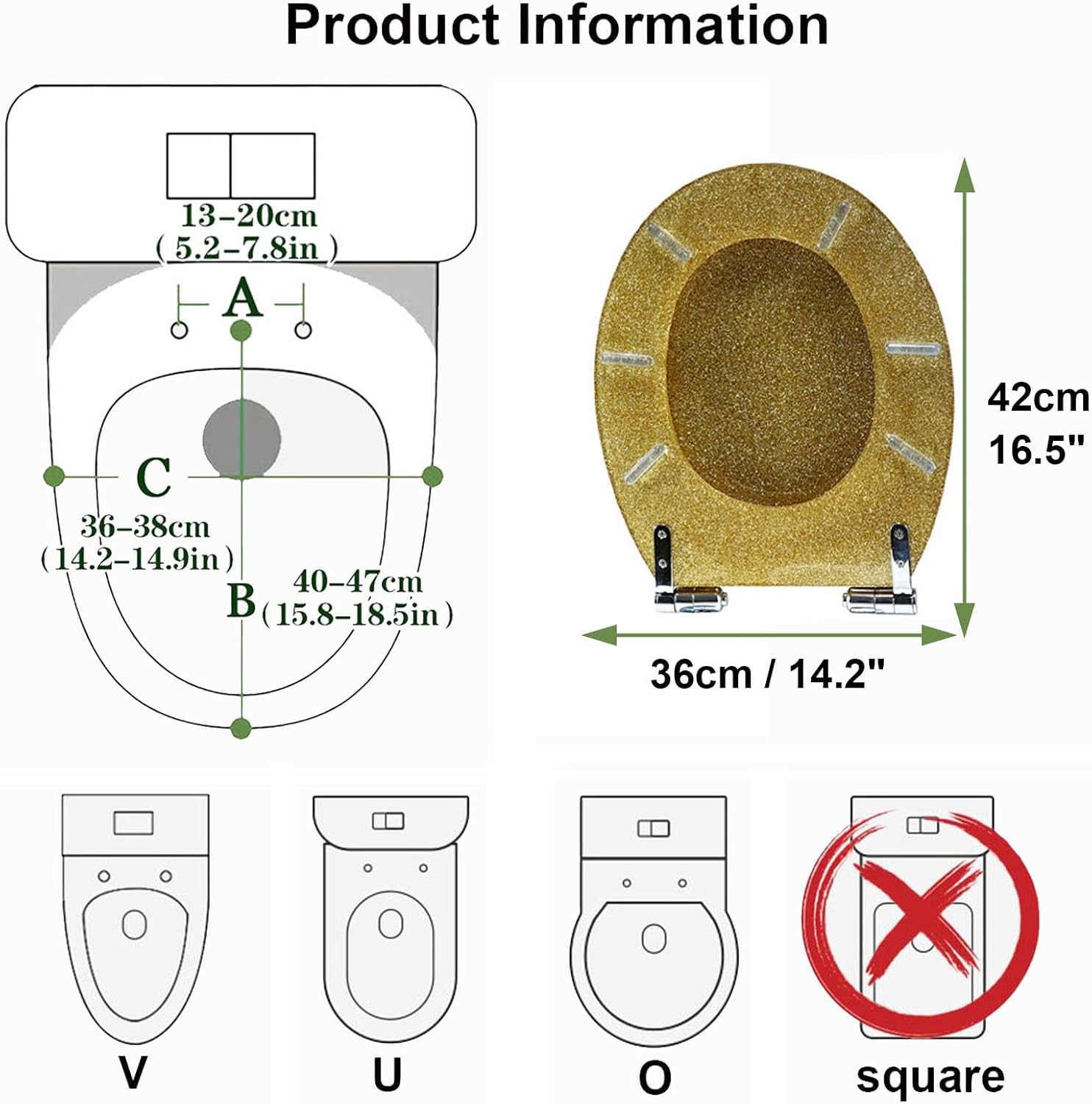 Sparkly Resin Toilet Seat, Resin Toilet Seat Round Toilet Seat, Thicken Toilet Seat, Slow Close, Toilet Lid Easy to Clean & Install(Gold, Silver, Pink, Black),Gold