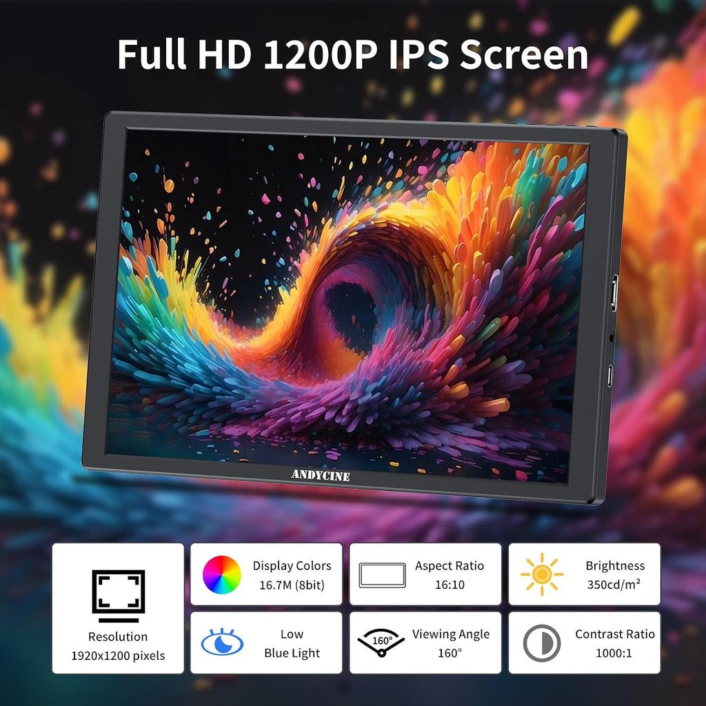 ANDYCINE N10 Portable Monitor, 10.1 Inch Mini Touch 1920x1200 IPS Screen, HDMI USB C in, 350nits 60Hz 1000:1 Contrast Display with Bracket & Speakers for Laptop,PC,PS4/5,Switch,Mac,Xbox
