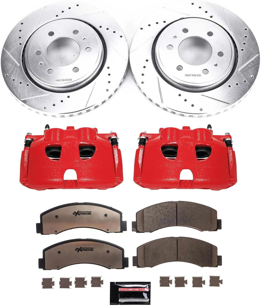 PowerStop Front and Rear Brake & Caliper Kit for Ford F-150 2010-11 - Drilled & Slotted Disc Rotors + Z36 Brake Pads + Red-Powder Coated Calipers, KC3166-36