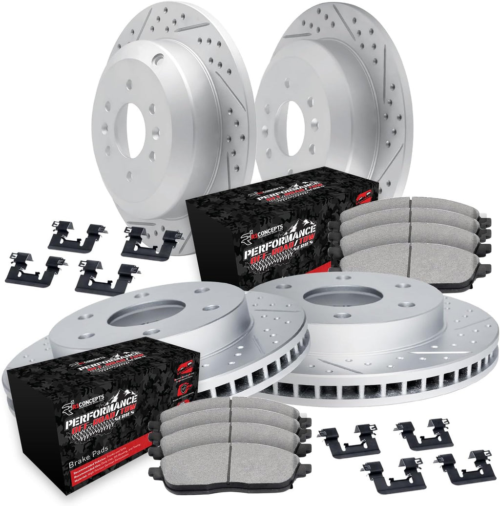 R1 Concepts Front and Rear Brake Kit| Hardware| Off-Road/Tow Brake Pads and Drilled Slotted Brake Rotors| WBVH2-67004 | 13.8' Front & 12.6' Rear