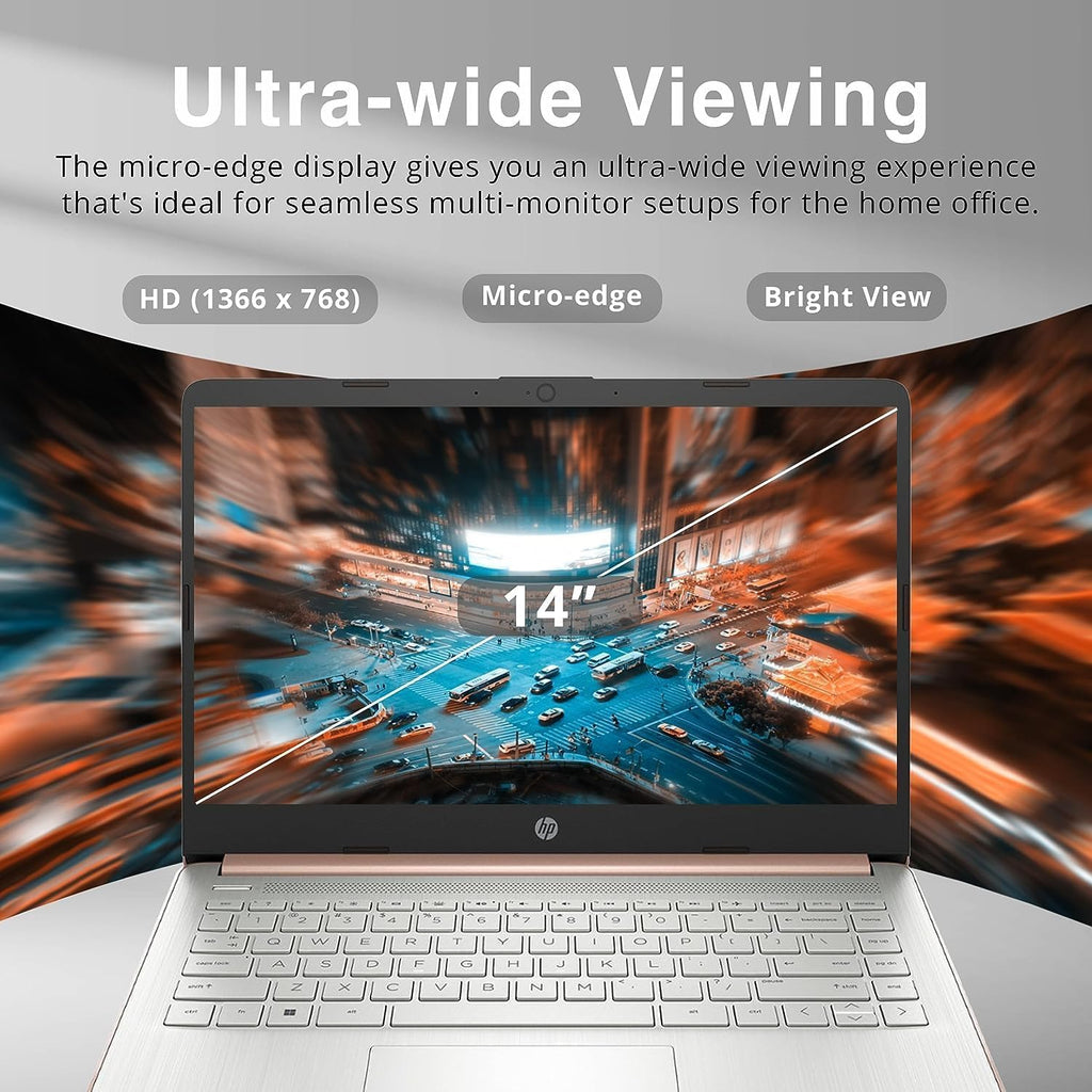 HP New 14' HD Ultra Light Thin Laptop, Quad-Core Intel Celeron Processor, 16GB RAM, 320GB (64GB eMMC+ 256GB Card), Wi-Fi, Upto 11 Hours, Windows 11 S + 1 Year Office 365+HubxcelAccessory, Rose Gold
