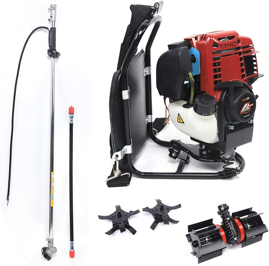 3IN1 Backpack Brush Cutter Tiller, 4 Stroke 1.4HP Gas Powered Grass Hedge Trimmer Air-Cooled Single Cylinder Cultivator Lawn Mower for Farmland Weeding, Harvesting, Clearing 4500-8500RPM 35.4CC