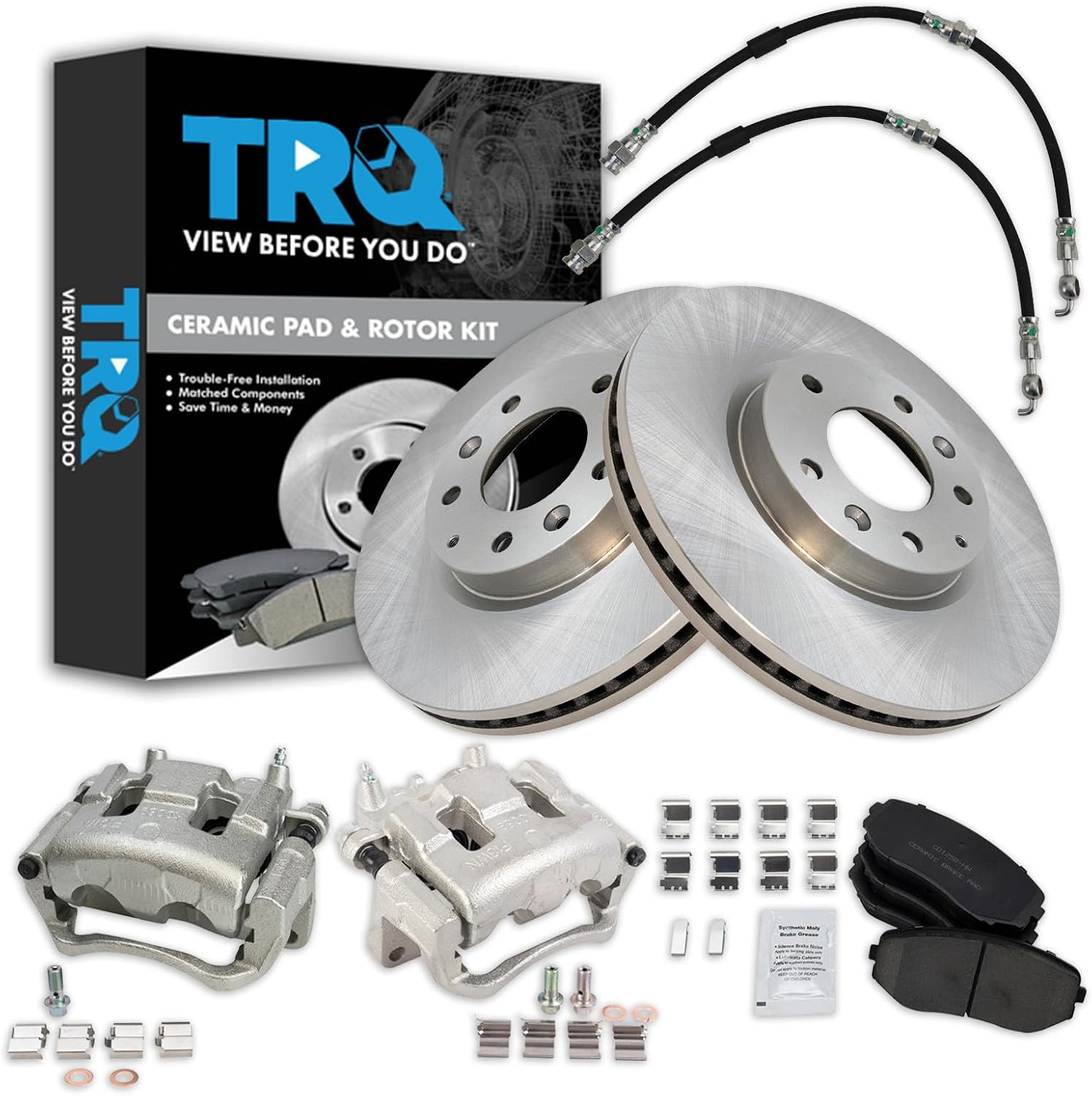 TRQ Front Brake Pad and Rotor Set Ceramic Rotors Calipers Hoses Compatible with 2007-2012 Mazda CX-7