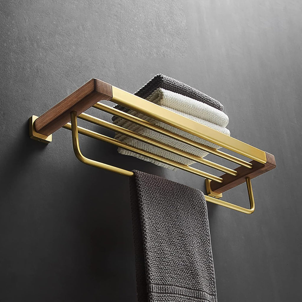 Bathroom Towel Rack Brushed Gold Towel Bar Space Aluminum and Walnut Towel Rail Wall Mounted Towel Holder Double Rod Storage Rack for Bathroom, Kitchen, Toilet