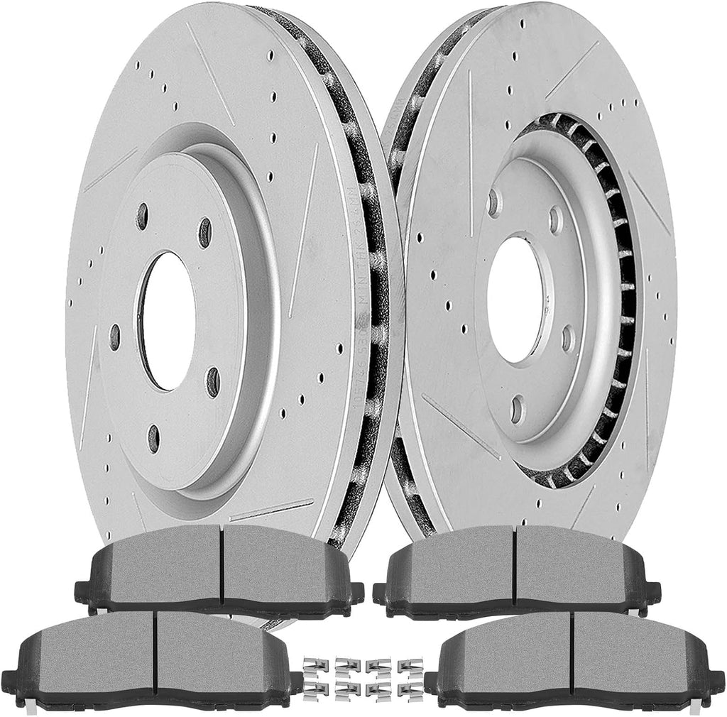 SCITOO Brake Kits For Chrysler Pacifica 2017,For Town & Country 2012-2016,For Grand Caravan/For Journey 2012-2017 Front Drilled Slotted Brake Rotors and Semi Metallic Brakes Pads:53068;D1589
