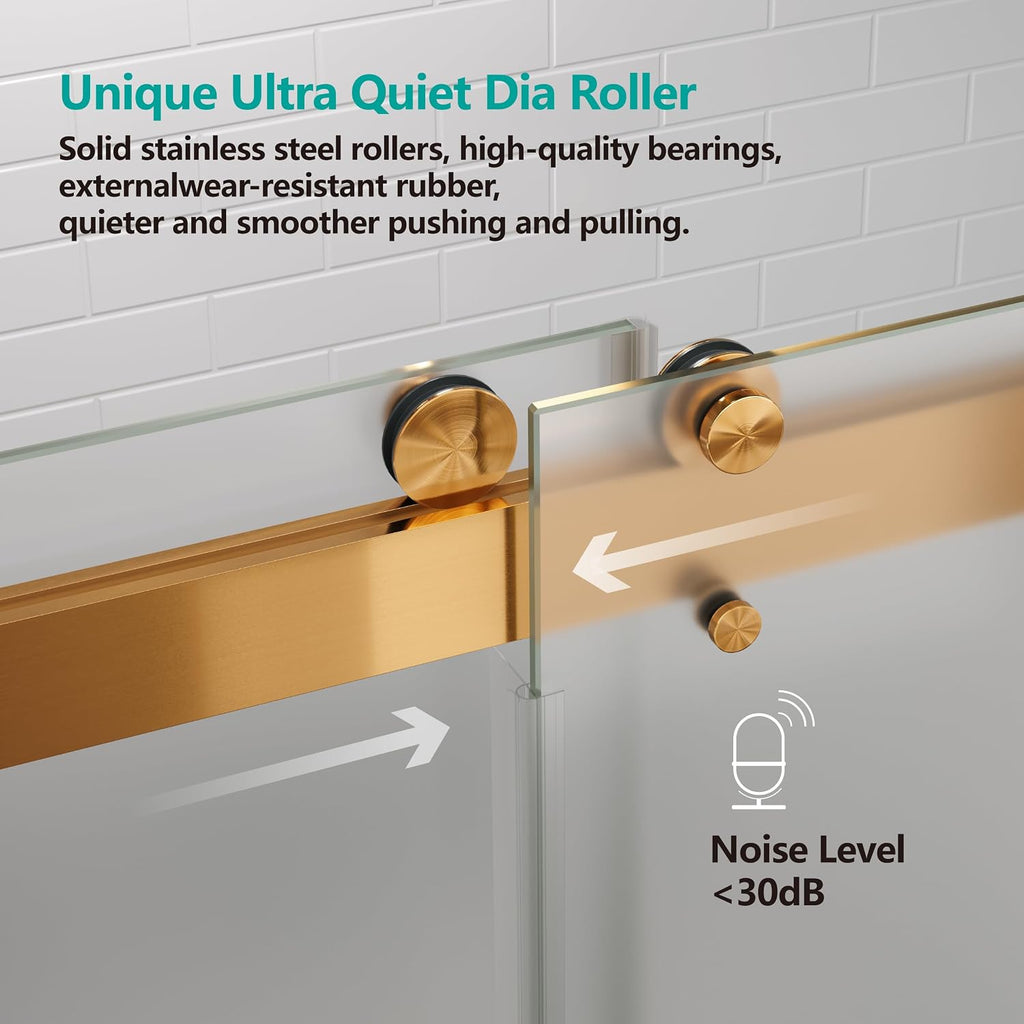 Shower Doors Soft Close 56-60' W x 76' H Ultra-Clear Single Sided Frosted Double Sliding Frameless 3/8'(10mm) Temperedd Glass with Towel Bar Handle (Brushed Gold)