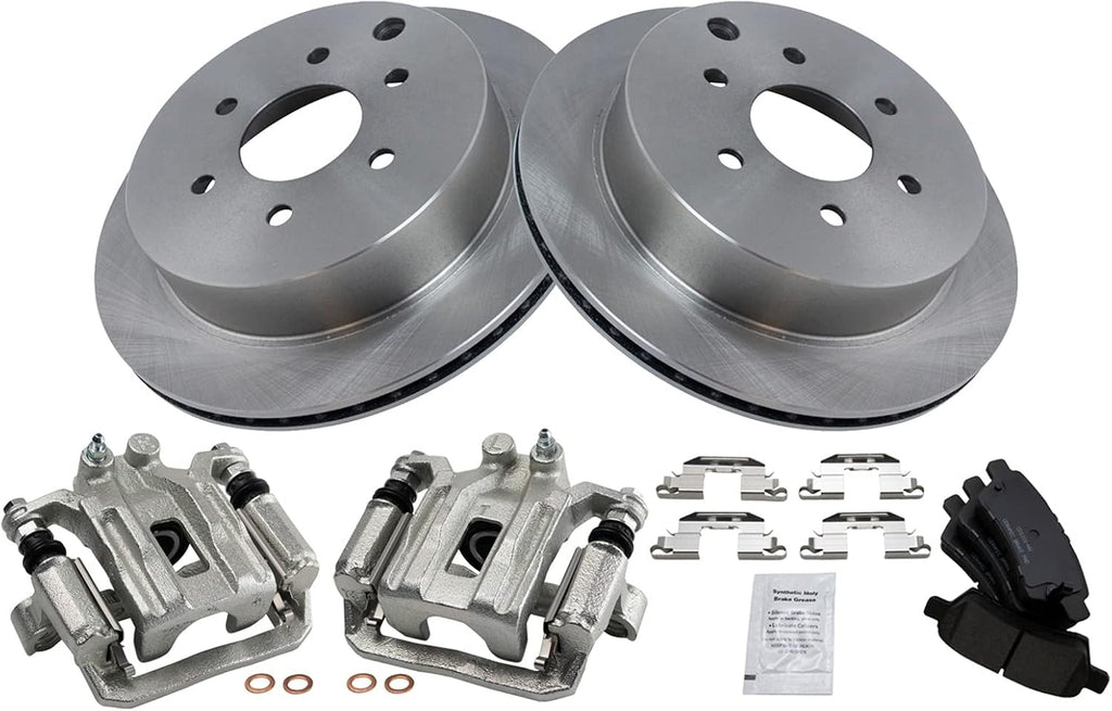 TRQ Rear Brake Pad and Rotor Set Ceramic Vented Rotors Calipers Compatible with 2006-2007 Nissan Xterra