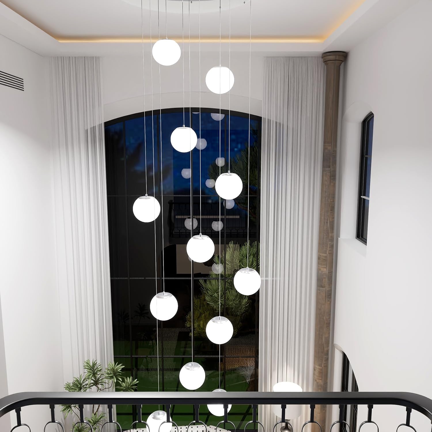 ykolupty H 138' Large Chandelier with White Globe Glass Dimmable Ceiling Light Glass Pendant Light for Kitchen Island, Dining Room, Living Room, Entry Hallway, LED Bulbs Included