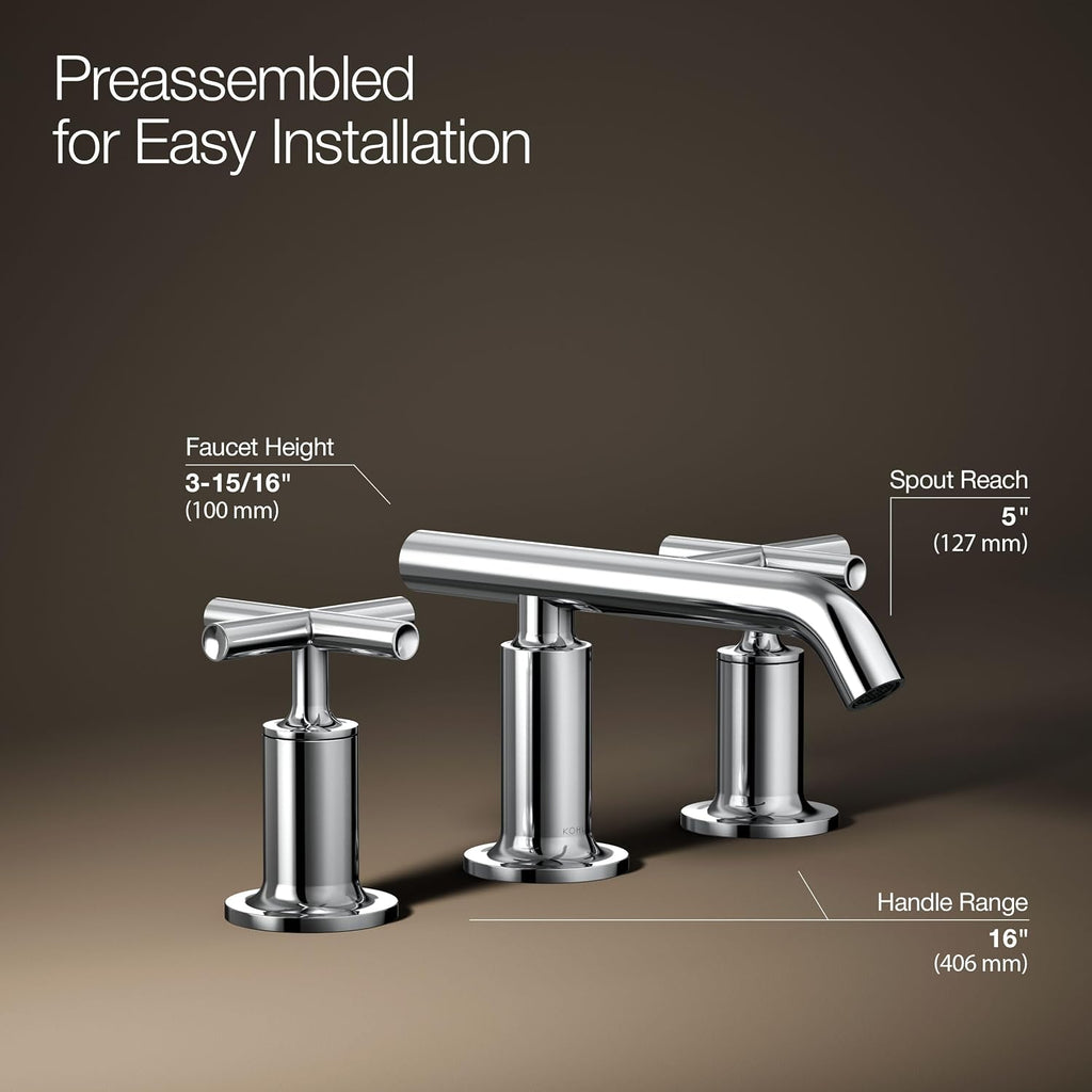 KOHLER k-14410-3-CP Purist® Widespread Bathroom Sink Faucet, 3-Hole Bathroom Faucets with Low Cross Handles and Low Spout, 1.2 GPM, Polished Chrome