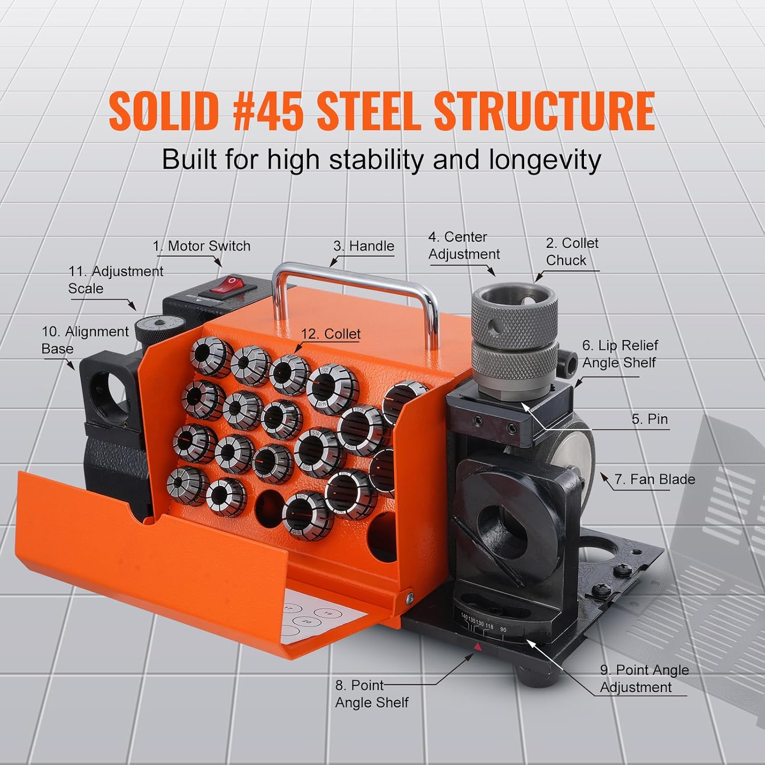 VEVOR Drill Bits Sharpener, 3-20mm Drill Bits Grinder Sharpener, Lip Relief Angle & 95°-135° Point Angle Adjustable Drill Bit Re-Sharpener, Portable Sharpening Machine with 18 Collets, CBN & SDC Wheel