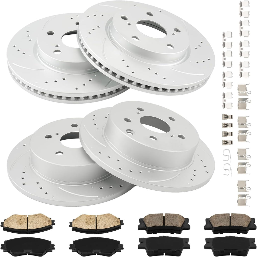 PHILTOP Front and Rear Brake Kit For Toyota RAV4 2006-2018, Drilled and Slotted Brake Rotors and Brake Pads Kit Replace # 31440+D1210+31443+D1212, Front 10.82（275mm）, Rear 11.06（281mm）