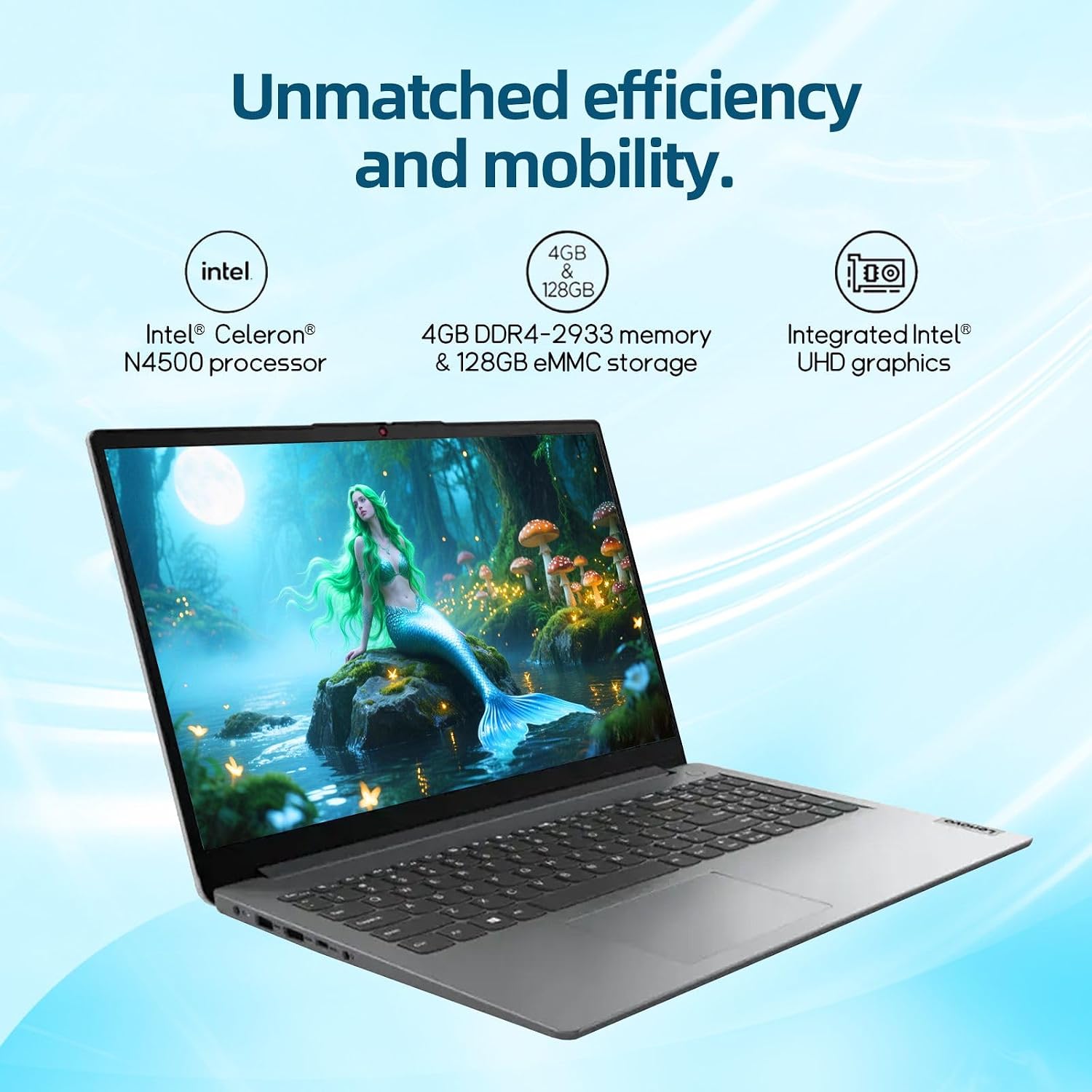 Lenovo IdeaPad Laptop, 15.6' HD LED Display, Intel Celeron Dual Core Processor, 8GB RAM, 128GB Storage, 1 Year Office 365, Wi-Fi 6, Win 11Pro, Privacy Camera, Cloud Grey