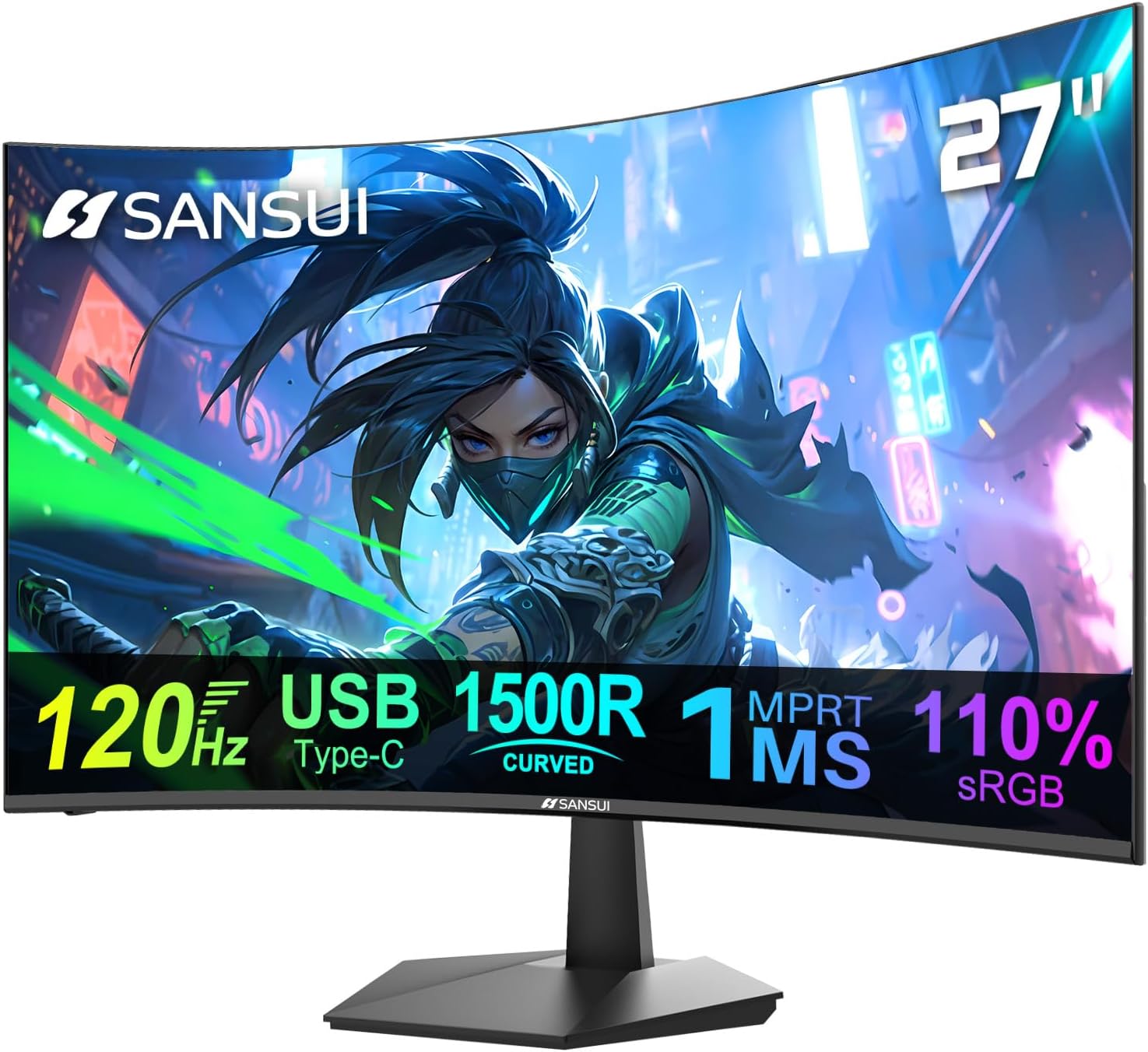 SANSUI Curved Monitor 27 inch 120Hz USB Type-C Computer Monitor with Speakers Built in丨FHD 1080p丨HDR丨110% sRGB丨1500R丨VESA Compatible,for Tablet,Desktop,Laptop and PC Work Gaming