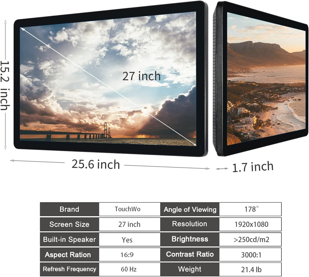 27 inch Capacitive Multi-Touch Screen Industrial Monitor, 16:9 Display 1920 x 1080P, Built-in Speakers, VGA, DVI & HDMI Monitor for PC, POS, Small Business, Restaurant