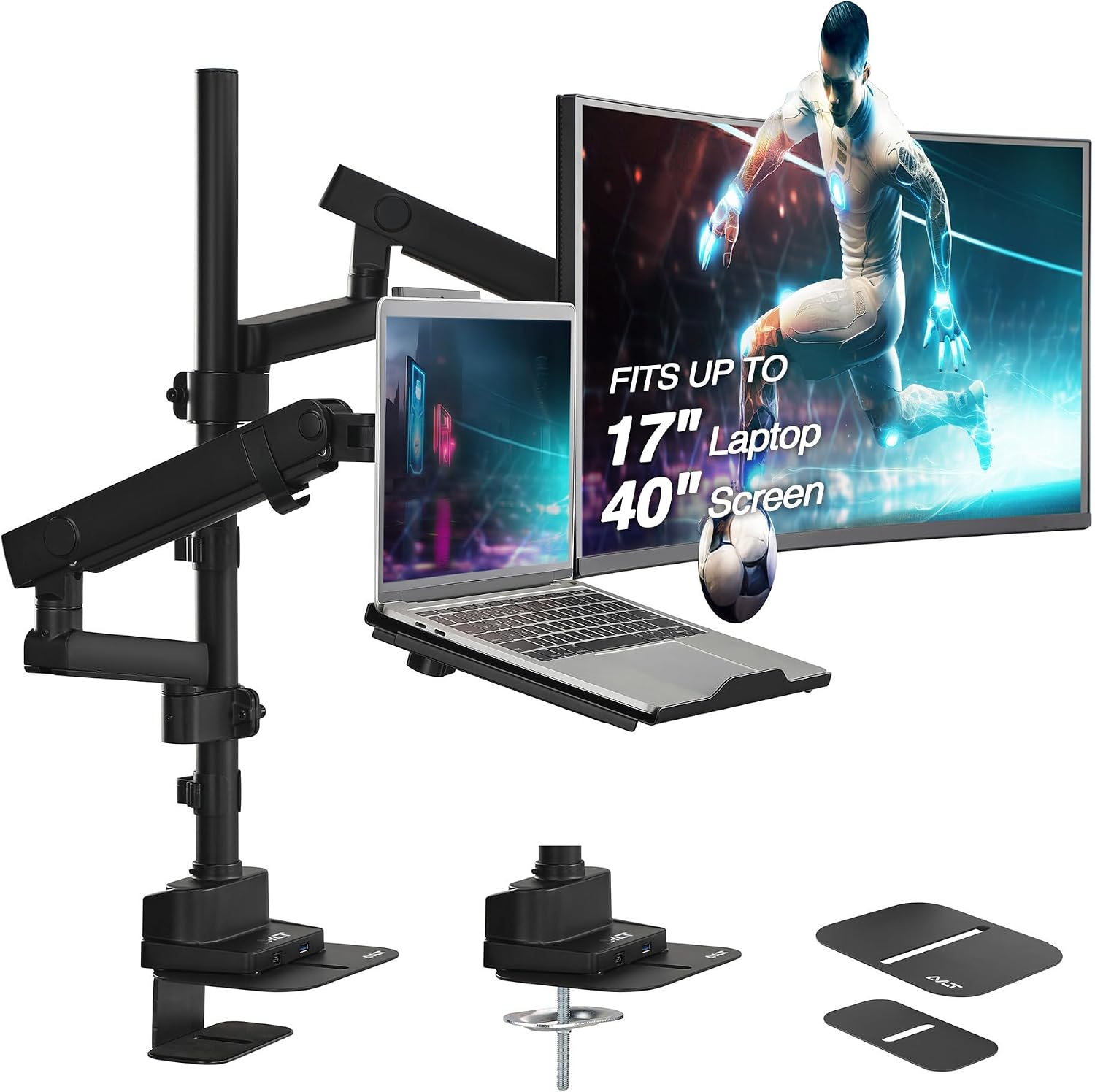 AVLT Laptop & 40 Inch Monitor Arm Pole Top Mount with USB-C&A Ports-Black, VESA Compatible, Supports 26.4 lbs (12 kg), Ultrawide Screen Fit, Adjustable Height, Tilt Swivel Rotate, Cable Management