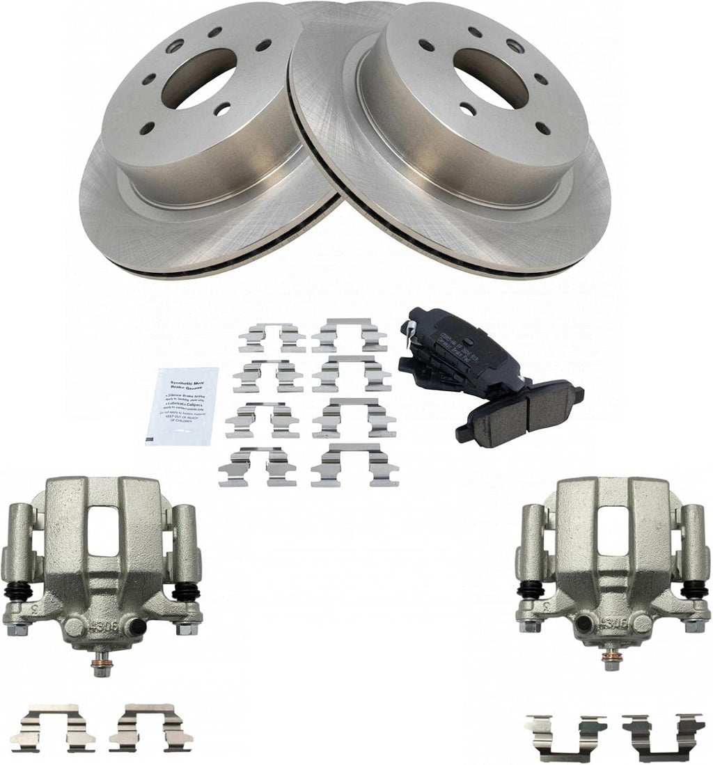 TRQ Rear Brake Pad and Rotor Set Ceramic Vented Rotors Calipers Compatible with 2003-2005 Infiniti G35 2003-2005 Nissan 350Z