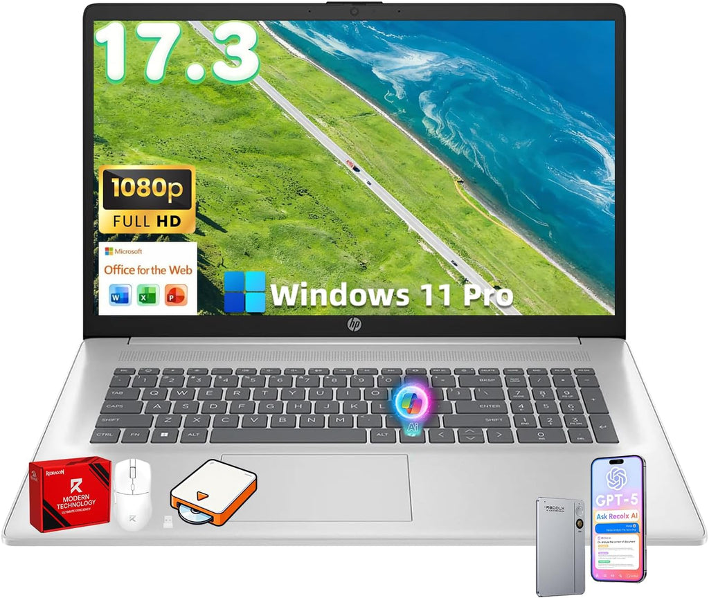 HP 17.3-inch Business Laptop 2026 - AMD Ryzen 5 7430U, 32GB RAM, 1TB SSD, FHD Anti-Glare Display, Windows 11 Pro, Copilot AI, Ideal for Office & Students, AMD Radeon Graphics, Bundle AI Voice Recorder