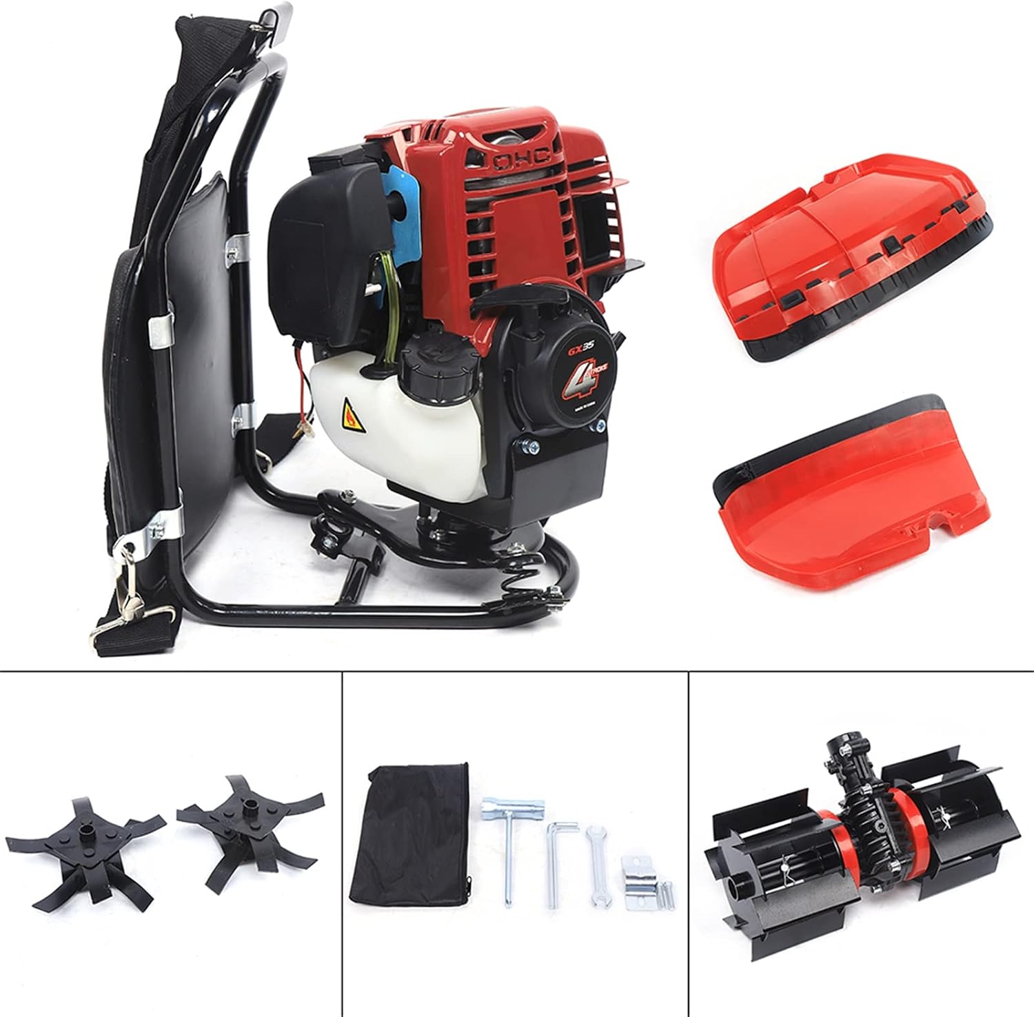 3IN1 Backpack Brush Cutter Tiller, 4 Stroke 1.4HP Gas Powered Grass Hedge Trimmer Air-Cooled Single Cylinder Cultivator Lawn Mower for Farmland Weeding, Harvesting, Clearing 4500-8500RPM 35.4CC