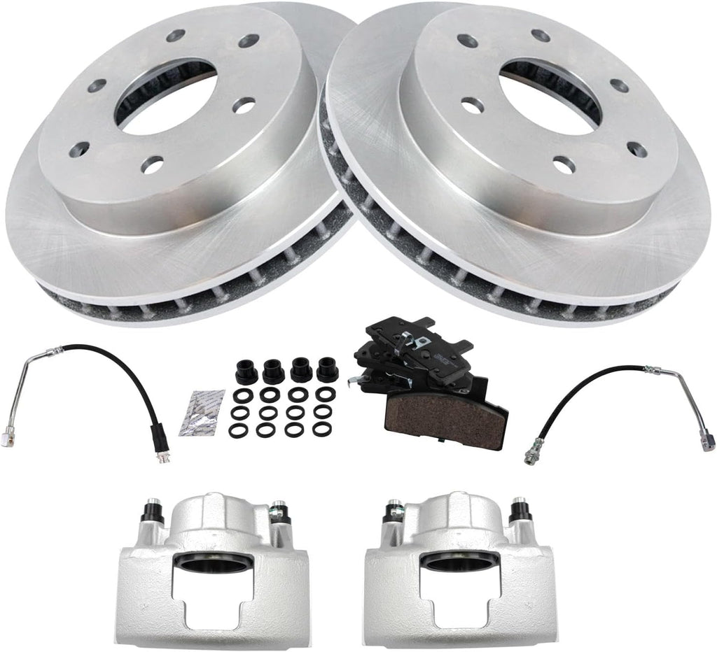 TRQ Front Brake Pad and Rotor Set Ceramic Rotors Calipers Hoses Compatible with 1994-1998 Chevrolet K1500 1988-1996 K2500 1998-2000 Tahoe 1994-1996 GMC K1500 K2500 1995-1997 Yukon